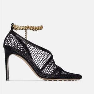 Bottega Veneta Black Mesh Heels with Gold Ankle Chain